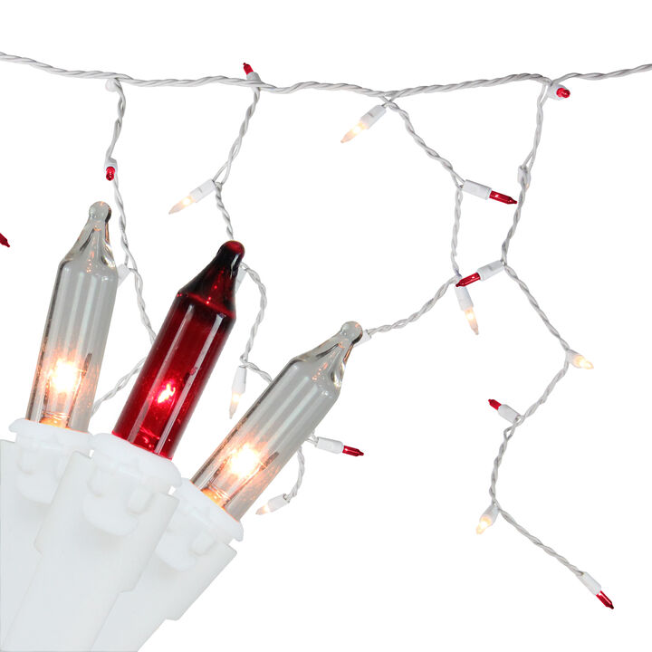 50 Red and Clear Mini Icicle Christmas Lights - 2.5 ft White Wire