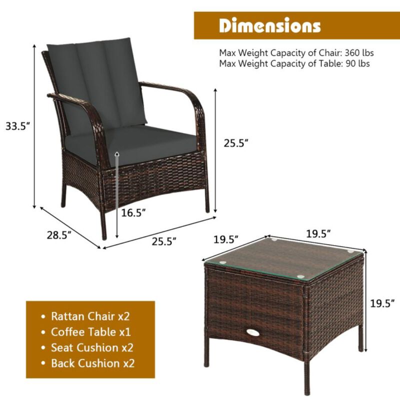 Hivvago 3 Pieces Patio Rattan Conversation Set with Glass Top Coffee Table and Cushions