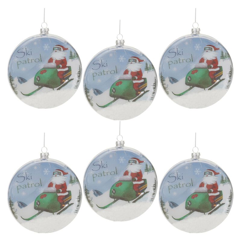 Santa Ski Patrol Glass Disc Ornaments, Set of 6 for Christmas Tree Display