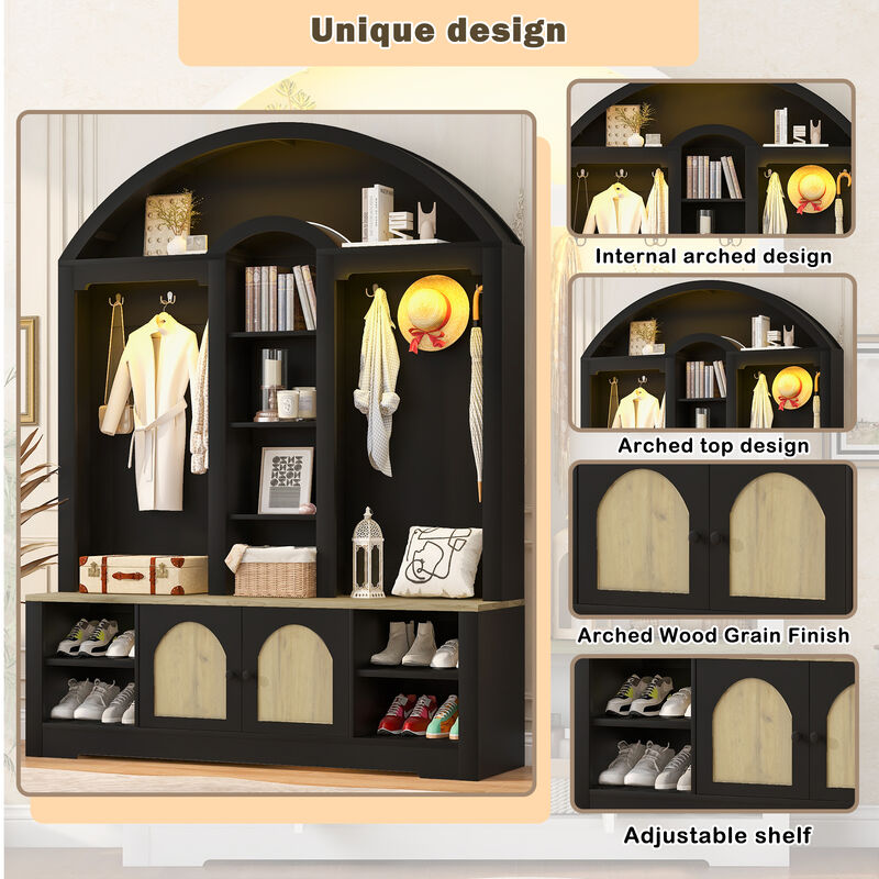 Merax Curved Two-Tone Hall Cabinet with Hooks, Shelves & Shoe Storage &ndash; Scandinavian Design image number 4