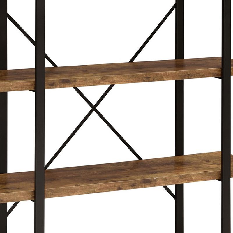 Ana 55 Inch Wood Bookcase, 4 Shelves, Crossed Metal Design, Rustic Brown-Benzara