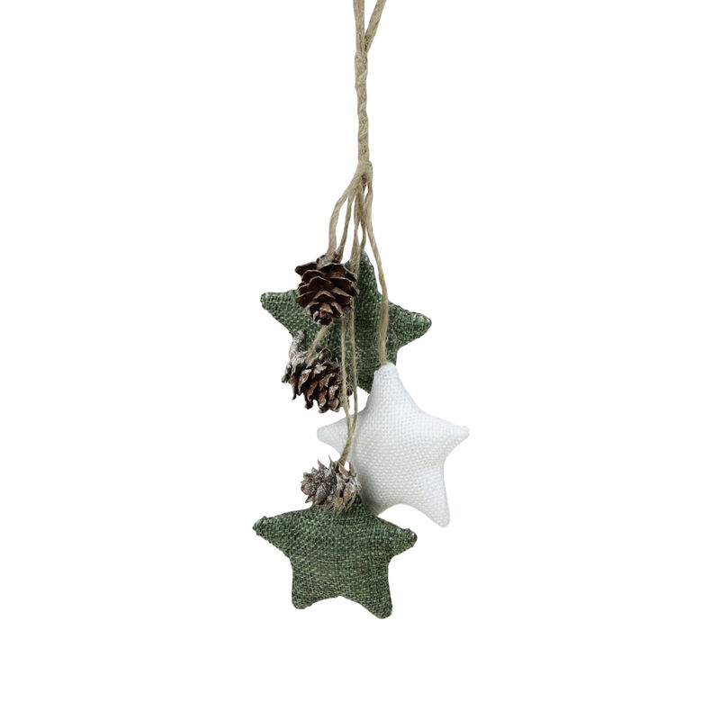 11.8" White and Green Burlap Star and Pine Cone Christmas Ornament