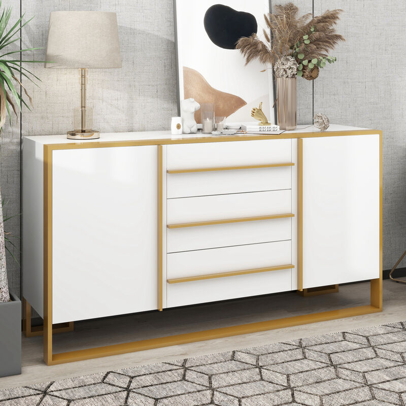 Modern Style 59"L Sideboard with Large Storage Space and Gold Metal Legs for Living Room and Entryway (White)