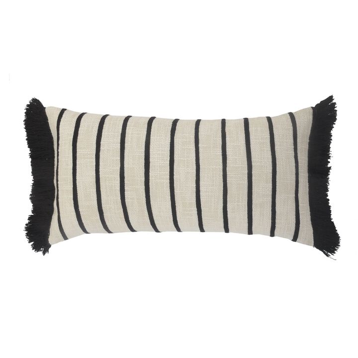 28" Off-White and Black Striped Pattern Rectangular Throw Pillow with Fringe