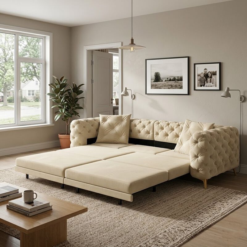Whisen 97.7" 4-Seat Convertible Sleeper Sofa, Velvet 3-in-1 with Ottoman for Apartment Office image number 1