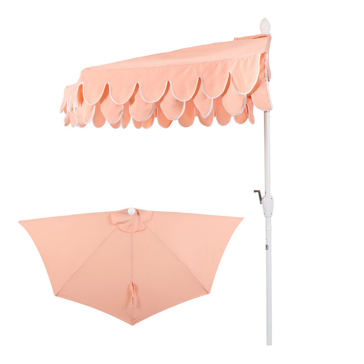 Terrace Arc 9 ft. Classic White Pole MidCentury Scalloped Fringe Market Patio Half Umbrella with Crank, Tilt Button and UV Protection