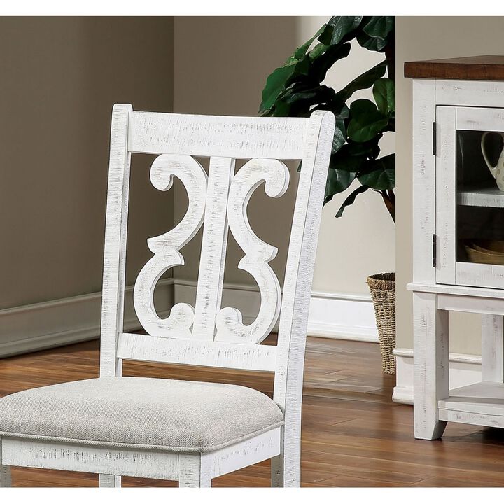 Lavish Design Distressed White 2 PCS Dining Chairs Only, Gray Padded Fabric Seat Dining Room Kitchen Furniture Solid wood decorative Back