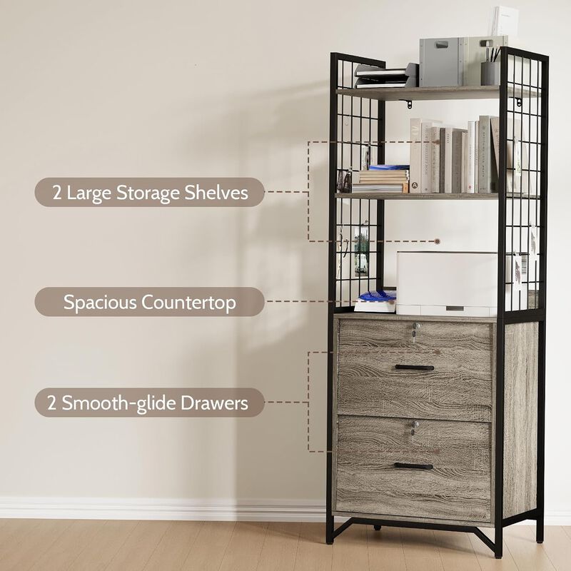 File Cabinet, 64"H Filing Cabinet with Printer Stand and Bookshelf, Small Office Cabinet with 2 Wood Drawers and Shelves, Drawer Office File Cabinets image number 3