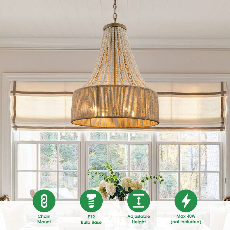 4-Light Bohemiann Woven Hemp Rope Wood Beads Chandelier