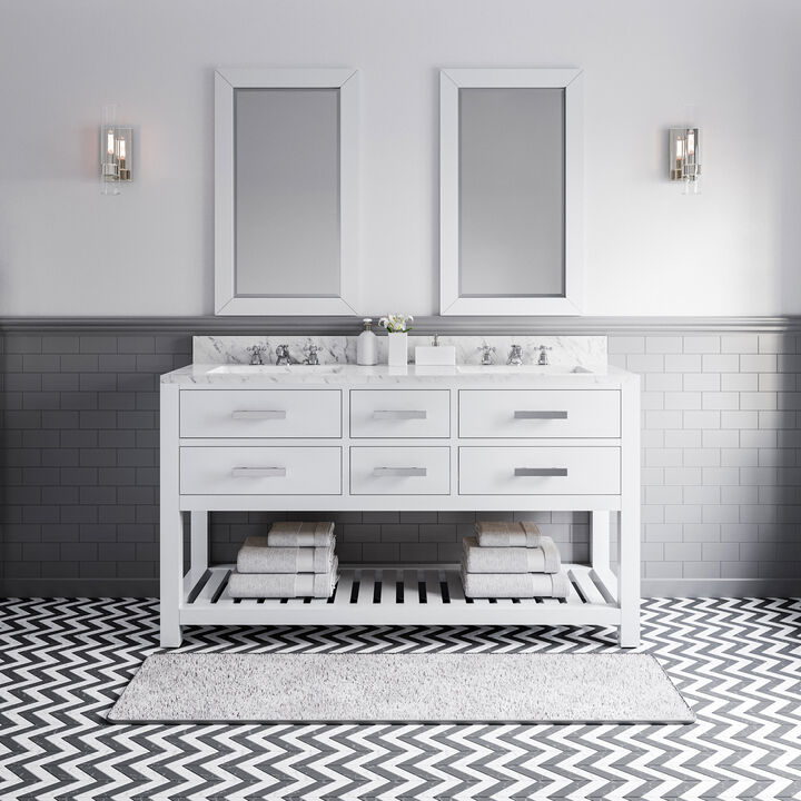 Madalyn 60 In. Double Sink Carrara White Marble Countertop Bath Vanity in Pure White