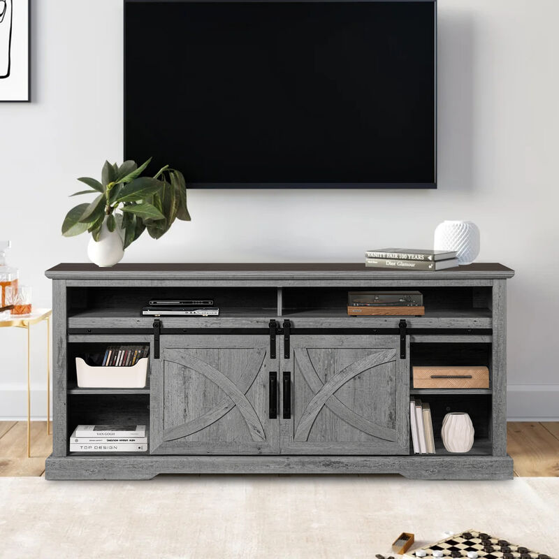 68" Light Gray TV Stand with Open Storage Shelves and Cabinets Media Console for TVs up to 78"