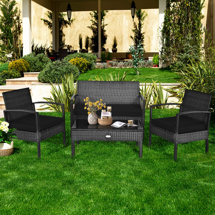 4-Piece Patio Rattan Cushioned Furniture Set, Comfortable Outdoor Seating