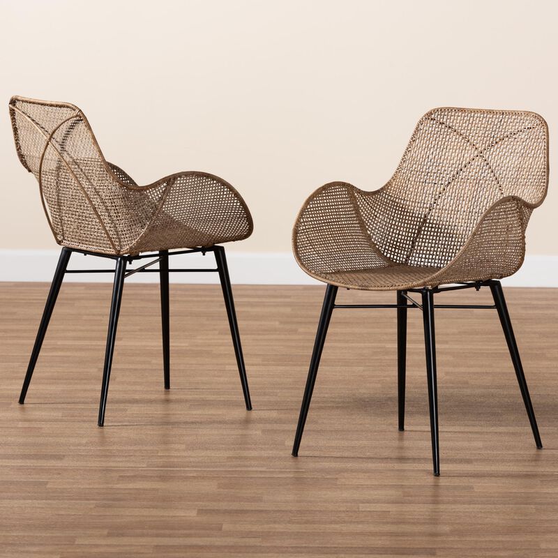 Baxton Studio Ballerina Modern Bohemian Greywashed Rattan and Black Metal 2-Piece Dining Chair Set