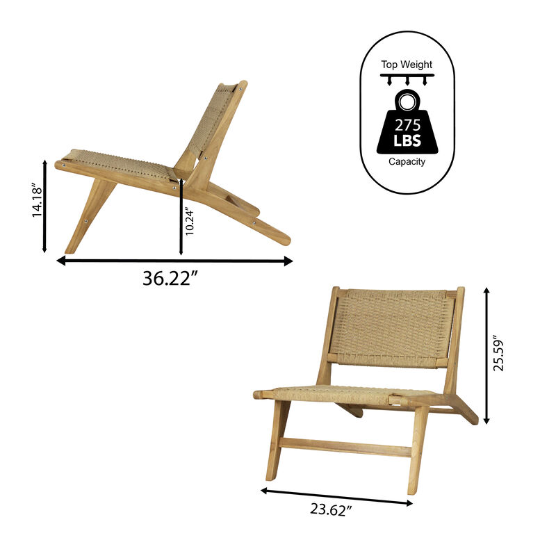 Parker Mid-Century Modern Woven Seagrass Wood Armless Lounge Chair, Natural