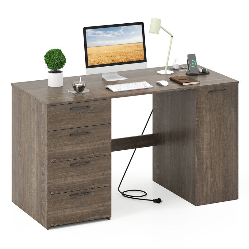 Computer Desk with Power Outlets and 4 Storage Drawers for Home Office Organization
