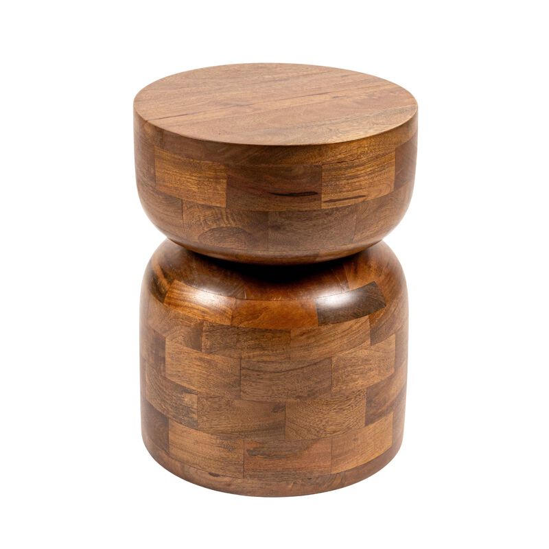Round Mango Wood Stacked End Grain Accent Table, Walnut Finish image number 0