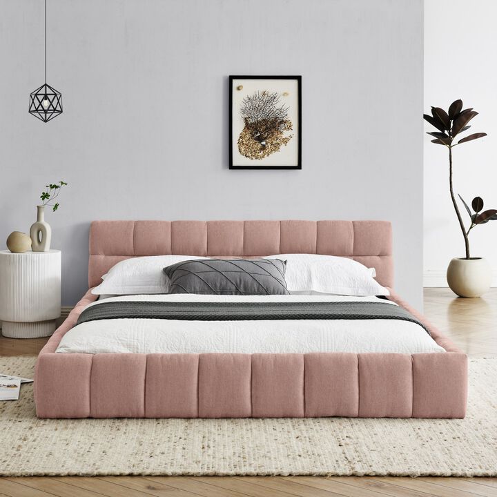 Queen Size Upholstered Bed Frame With Thick Fabric, Chenille Fabric Grounded Platform Bed With Headboard And Solid Frame-Cuddlewood