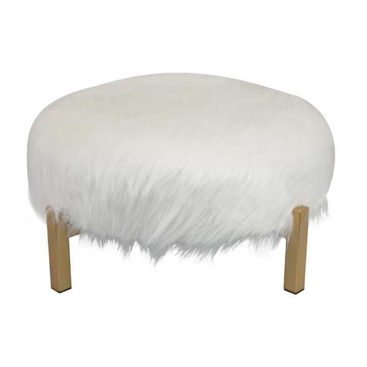Accent Ottoman, Fur-Like Texture, 21 Inch White Fabric Upholstery - Benzara
