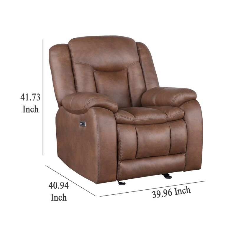 Olaf Power Recliner Chair, Chaise Footrest, Saddle Brown Faux Leather - Benzara image number 4
