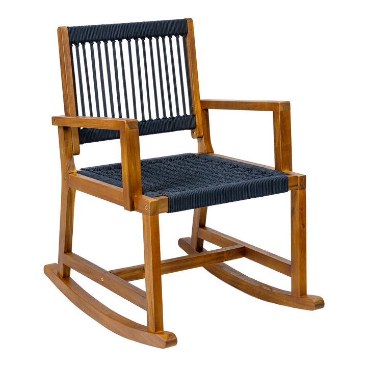 Laguna Coastal Casual Acacia Wood and Woven Rope Outdoor Rocking Chair