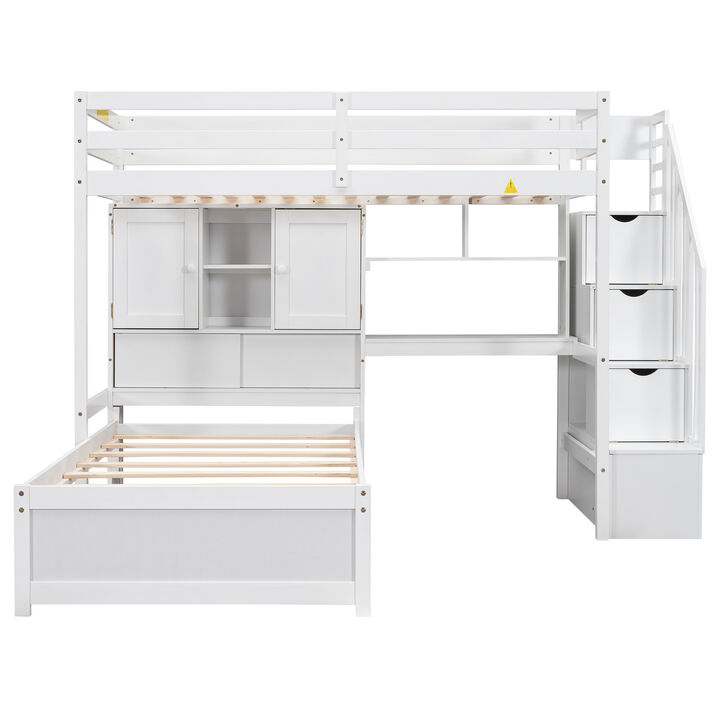 Whisen Twin over Twin Loft Bed with Desk & Staircase, Pine, for Bedroom