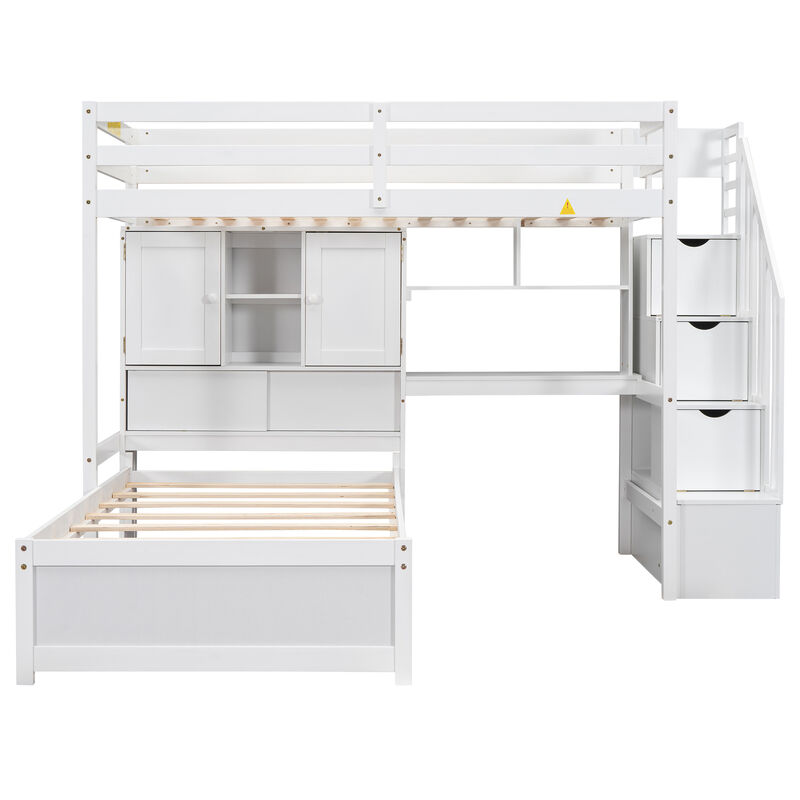 Whisen Twin over Twin Loft Bed with Desk & Staircase, Pine, for Bedroom image number 0