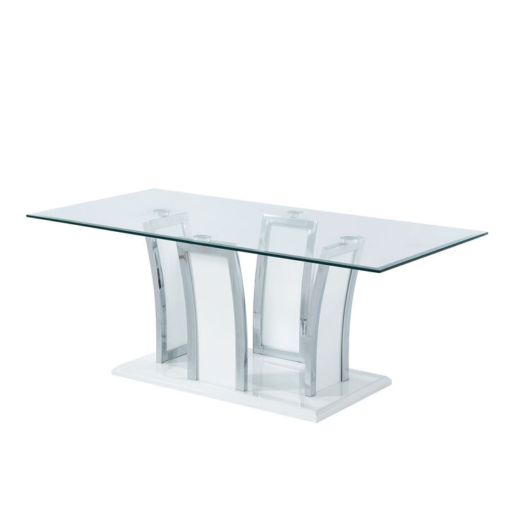 Contemporary Coffee Table with Chrome Trimmed Flared Base, White-Benzara