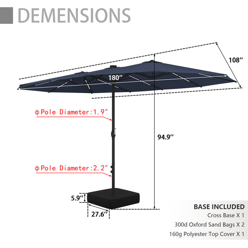FUFU&GAGA 15-ft x 9-ft Navy Blue Large Outdoor Sunshade Double-Top Patio Umbrella with Solar Panel, Lights & Cross Tile Base, Adjustable Cantilever Umbrella image number 9
