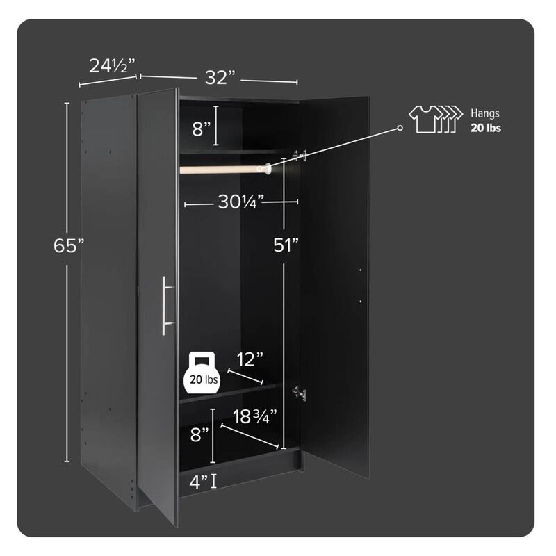 Hivvago Bedroom Armoire Wardrobe Cabinet with Hanging Rail in Black Wood Finish