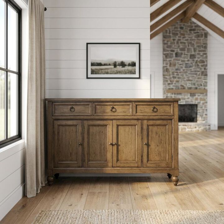 Liberty Furniture Solid Wood Farmhouse Buffet Cabinet with Drawers and Storage Cabinet, Brown