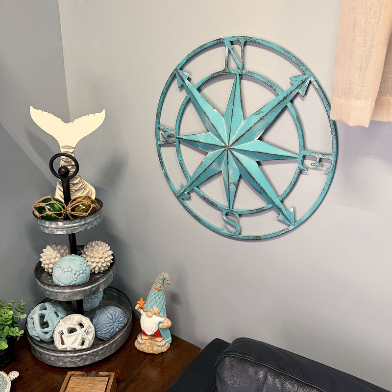 Aqua Metal Compass Rose Wall Decor 20.25 inch Coastal Nautical Beach Art image number 8