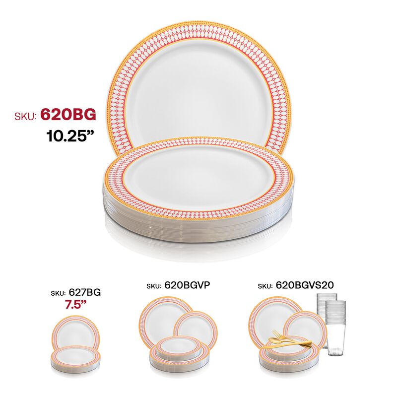 10.25" White with Red and Gold Chord Rim Plastic Dinner Plates (120 Plates) image number 5