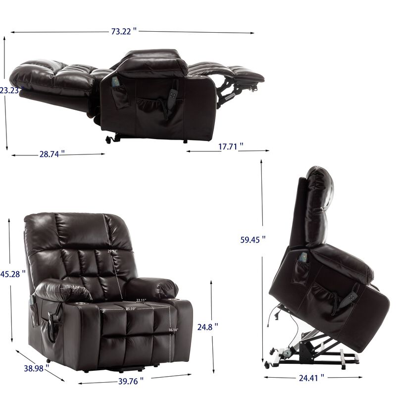 Leather Lift Recliner with Heat and Massage Lift Sofa Chair with 2 Pockets, 2 Cup Holder, 2 Remote image number 2