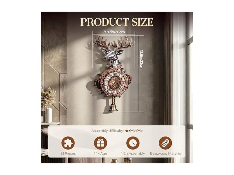 Wooden Puzzle Steampunk Deer Head DIY Wall Clock Wood Home Decor image number 2
