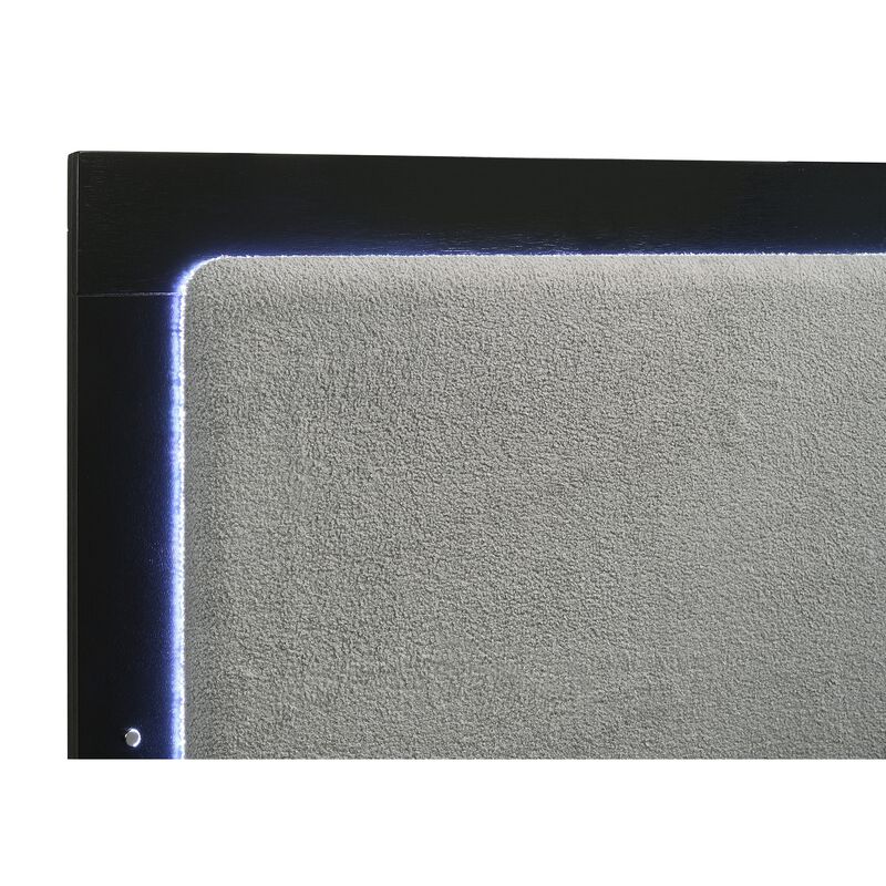 Caer King Size Bed, LED Panel Tall Headboard, Gray Upholstery, Black Okume - Benzara
