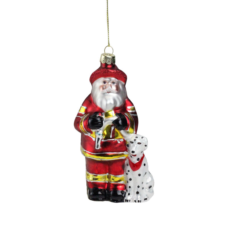 5" Red and White Fireman Santa Claus with Dalmatian Glass Christmas Ornament image number 0