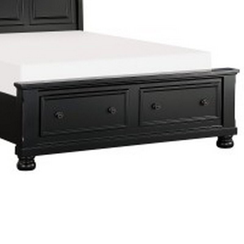 Bency Queen Sleigh Style Platform Bed, 2 Drawer Footboard, Bun Legs, Black