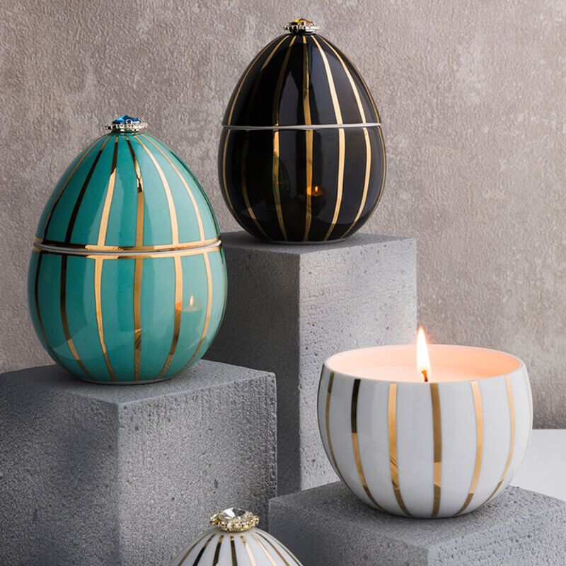 Candle in Ceramic Egg BOIS DE ROUSSIE 7 oz Black Gold STRIPES 5.12 diam. x 6.5 in image number 2