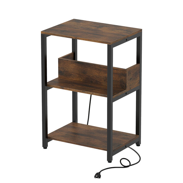 Modern End Table with Charging Station and Open Storage Shelves
