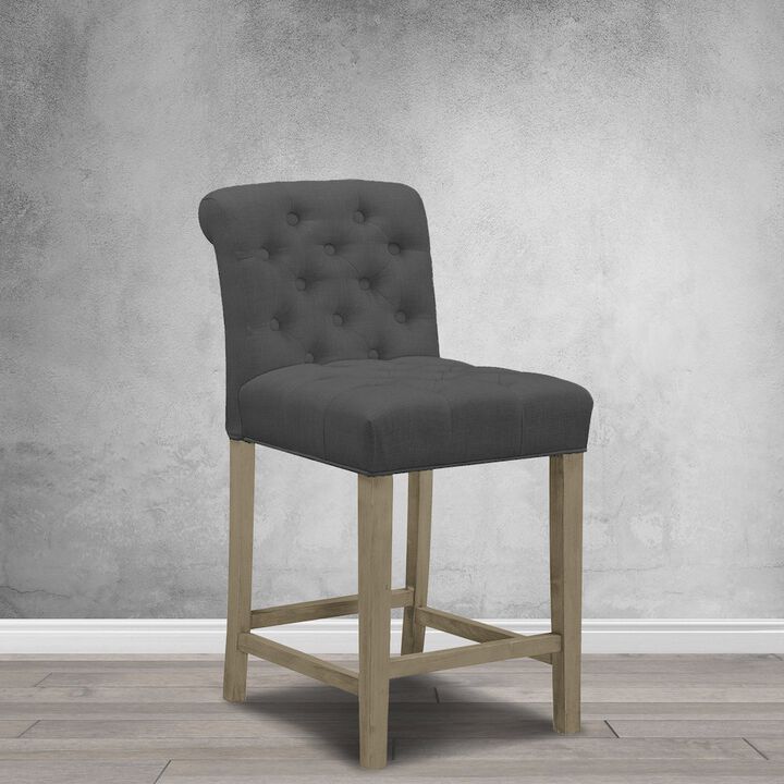 Glamour Home Set of 2 Gray Fabric Counter Stool Roll Back Design and Tufted Buttons