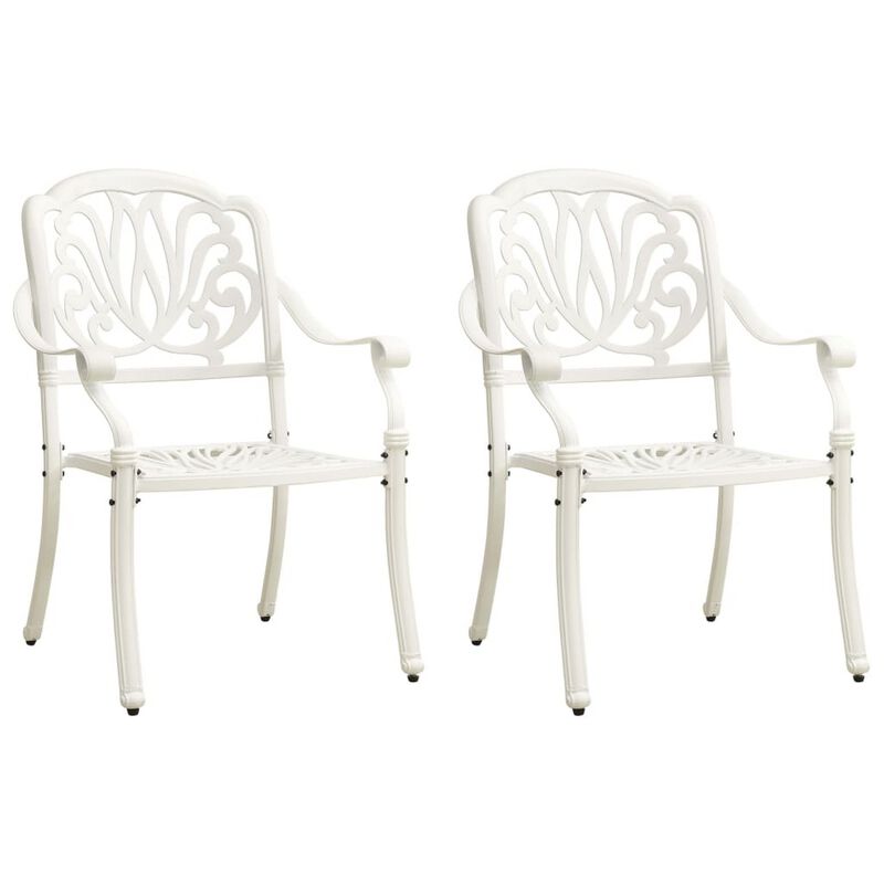 Outdoor Patio Chairs Set of 2, Floral Pattern Backrest, White Aluminum - Benzara