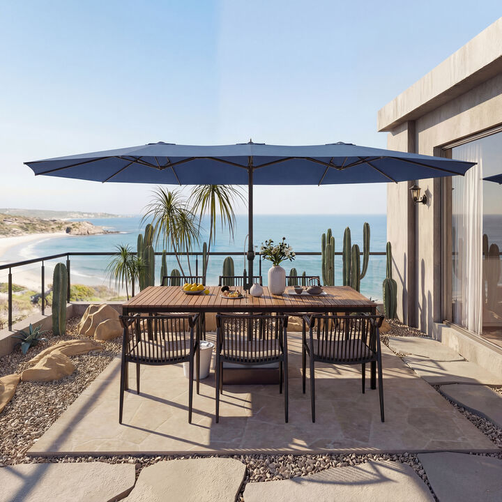 FUFU&GAGA 15ft x 9ft Extra-Large Iron Outdoor Shade Double-Sided Umbrella, Spray System, Patio Shade with Sturdy Base, Navy