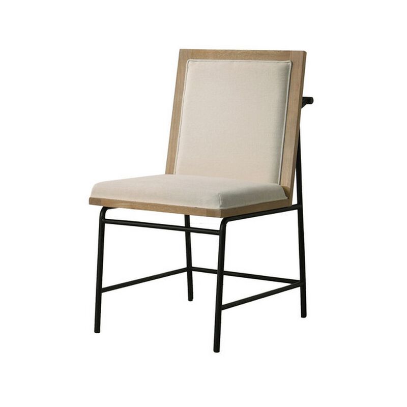 Tory 25 Inch Dining Chair Set of 2, Cream Fabric, Brown Wood, Black Metal - Benzara