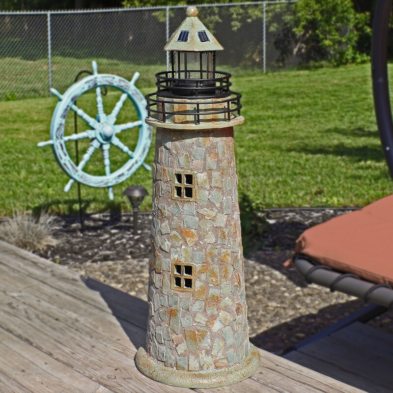Sunnydaze 25 in Resin and Cobblestone Solar LED Lighthouse Nautical Statue