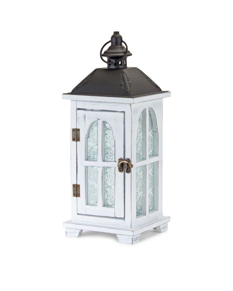 HomeRoots Set of Two White And Black Distressed Ornate Glass Wood And Metal Floor Lantern Candle Holders image number 4