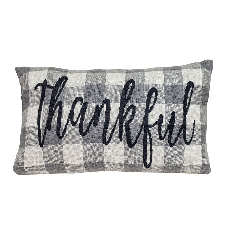 24" Gray and Black Thankful Rectangular Throw Pillow