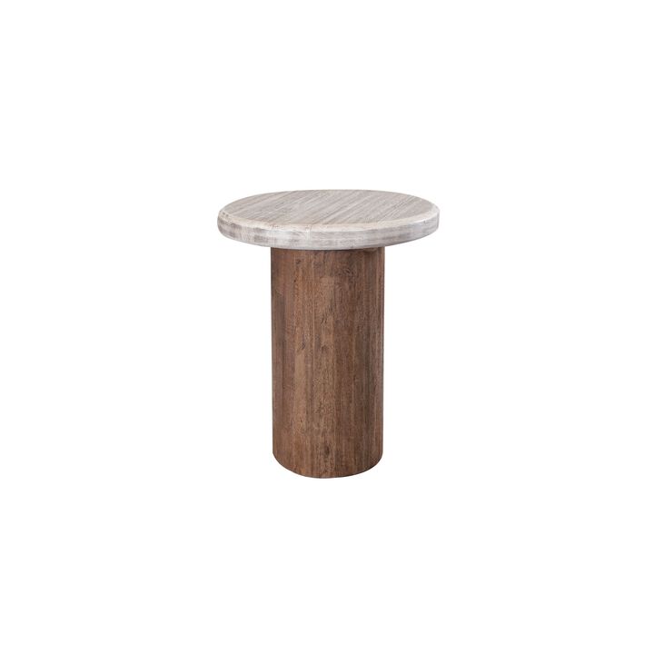 Kohl 26 Inch Side End Table, Brown Mango Wood, Drum Base, Cream Floated Top