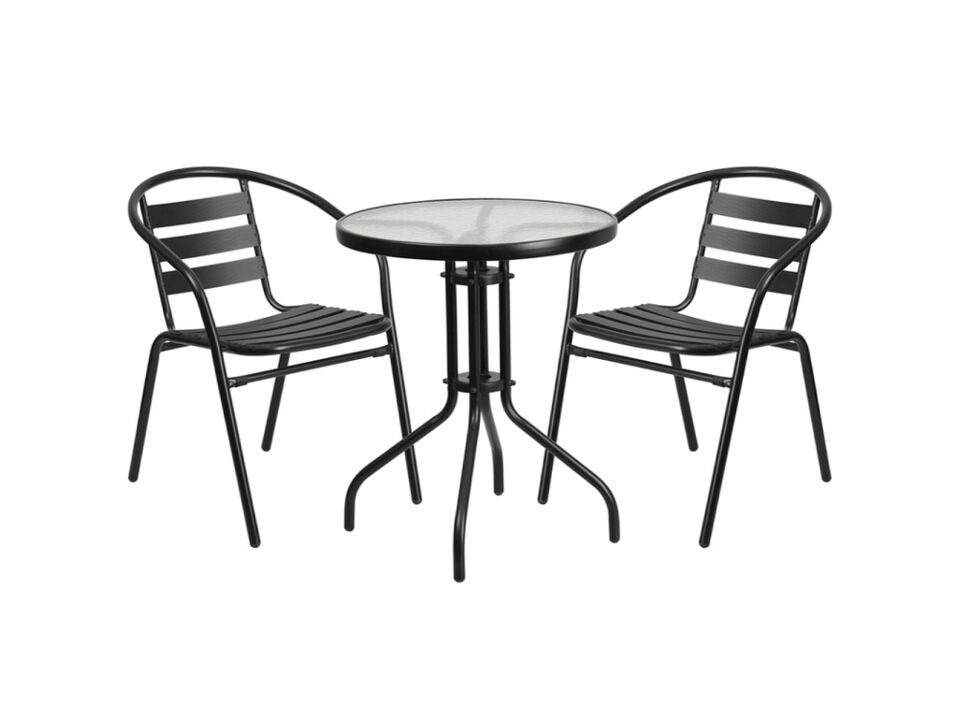 Flash Furniture 23.75'' Round Glass Metal Table with 2 Black Metal Aluminum Slat Stack Chairs