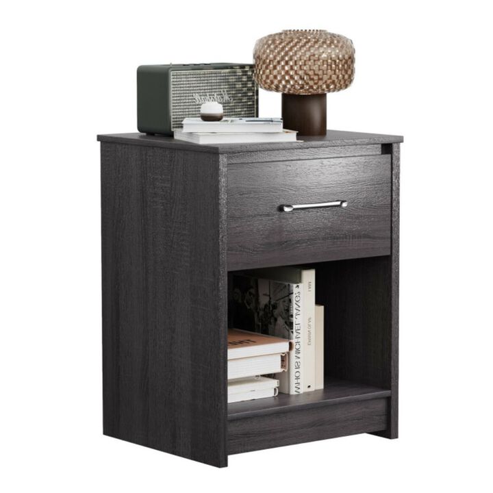 Hivago Wooden Nightstand with Drawer and Open Storage Compartment