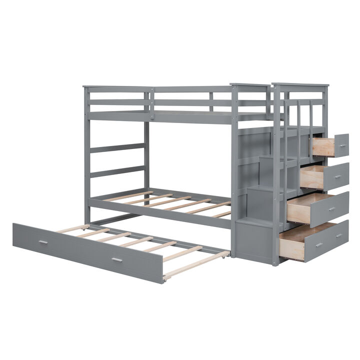 Merax Twin Over Twin Bunk Bed with Trundle and Staircase